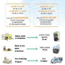Collectes d&rsquo;Emballages vides de Produits Phyto-Pharmaceutiques (EVPP) et d&rsquo;Emballages Vides de Produits Fertilisants (EVPF) – Les 16 et 17 avril et les 23 et 24 avril 2026